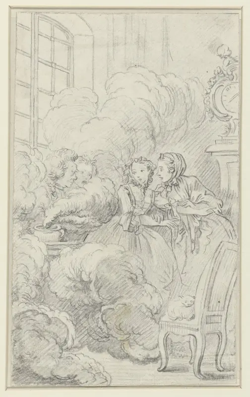 Interieur met twee mannen en twee vrouwen bij een walmende pot Wall Art by Charles Joseph Dominique Eisen - High-Resolution Digital Print