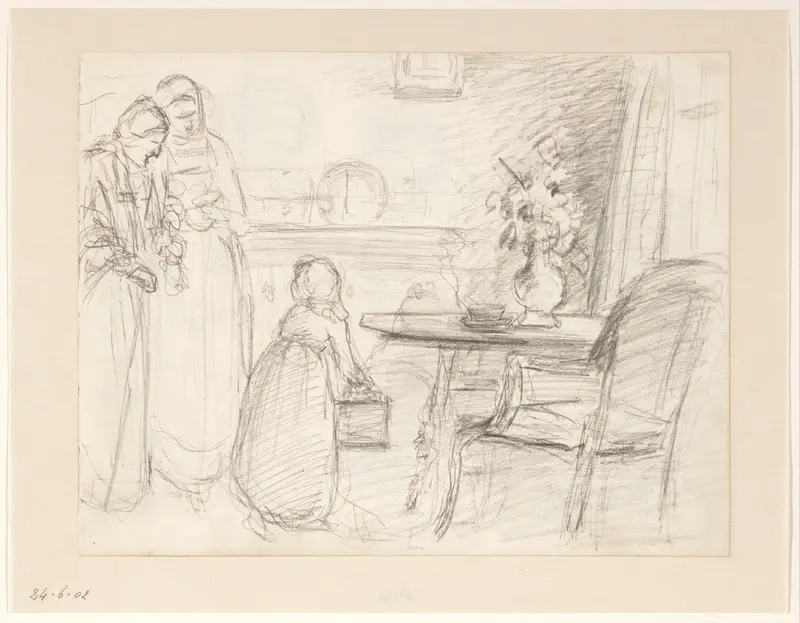 Interieur met twee vrouwen en een kind Wall Art by Hendrik Valkenburg - High-Resolution Digital Print