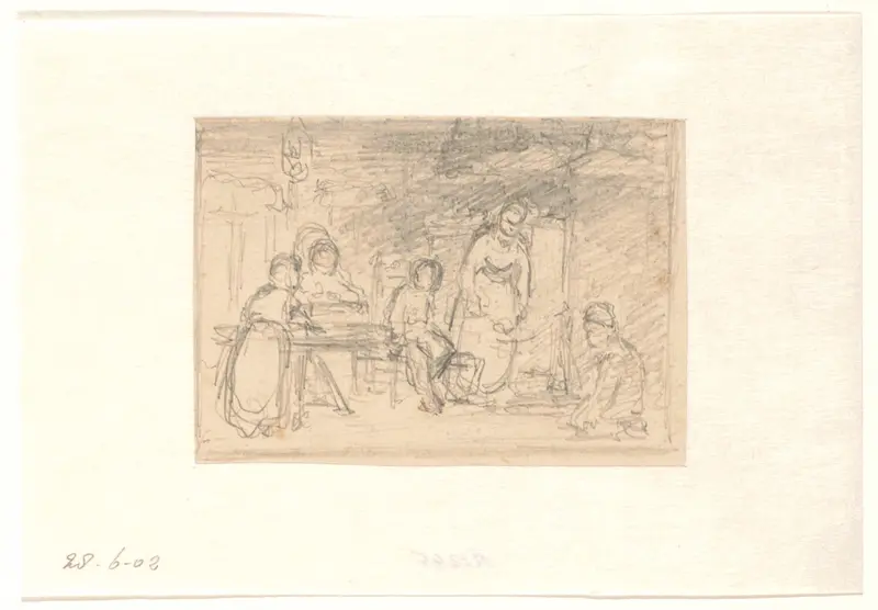 Interieur met vijf personen aan tafel en bij de haard Wall Art by Hendrik Valkenburg - High-Resolution Digital Print