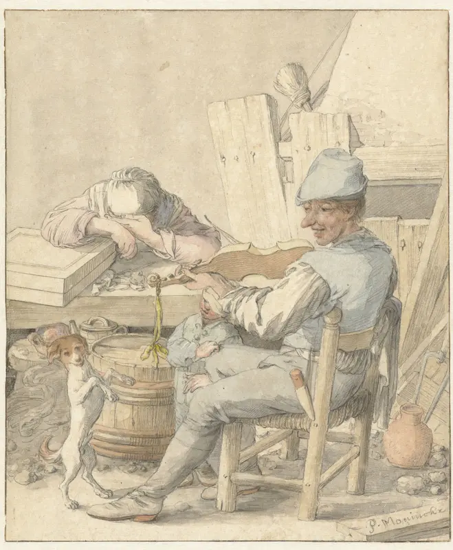Interieur met vioolspelende man, slapende vrouw en dansende hond Wall Art by Pieter Moninckx - High-Resolution Digital Print