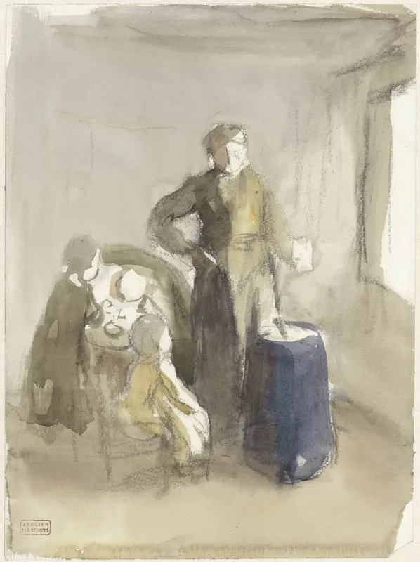 Interieur met vrouw en kinderen bij een karnton Wall Art by Albert Neuhuys (1844-1914) - High-Resolution Digital Print