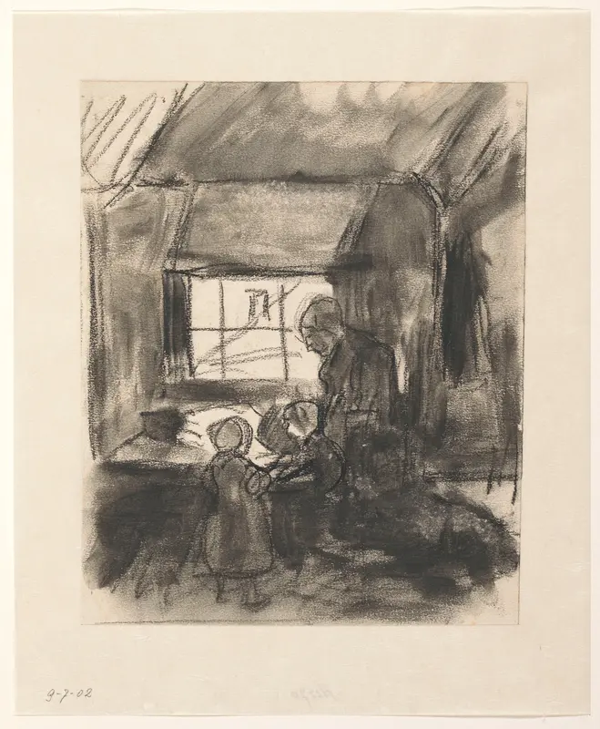 Interieur met vrouw en twee kindertjes Wall Art by Hendrik Valkenburg - High-Resolution Digital Print