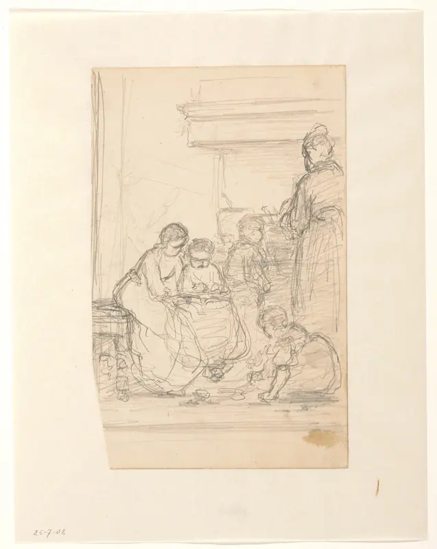 Interieur met vrouwen en spelende kinderen Wall Art by Hendrik Valkenburg - High-Resolution Digital Print