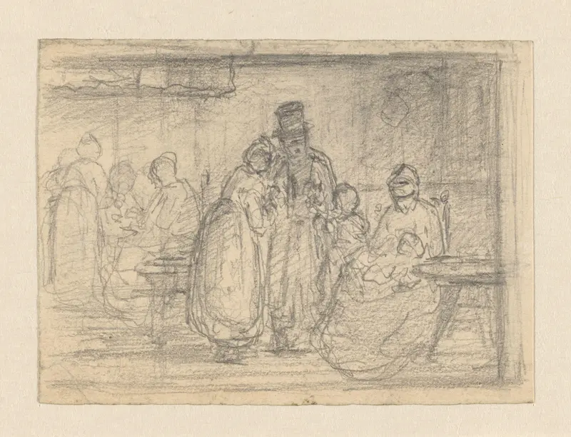 Interieur met vrouwen, kinderen en man met hoge hoed Wall Art by Hendrik Valkenburg - High-Resolution Digital Print