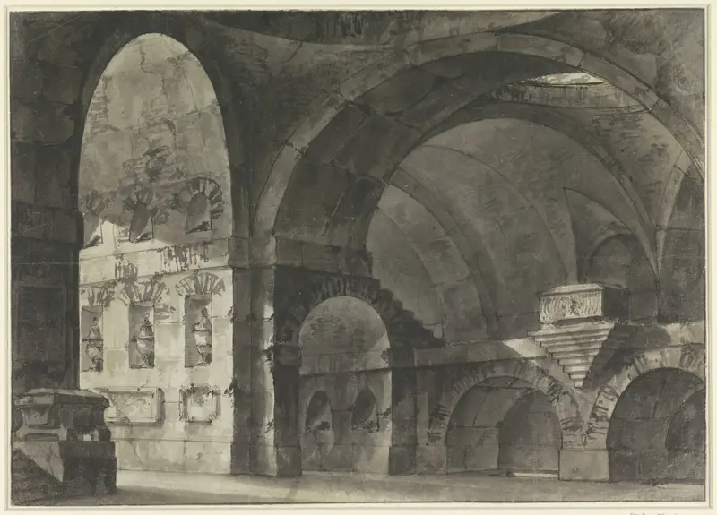Interieur van een groot antiek gebouw met tongewelven en een koepelsubstructie Wall Art by Unknown - High-Resolution Digital Print