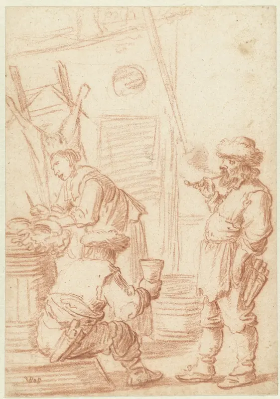 Interieur van een slagerij met een vrouwelijke en twee mannelijke figuren Wall Art by Pieter van den Bos - High-Resolution Digital Print