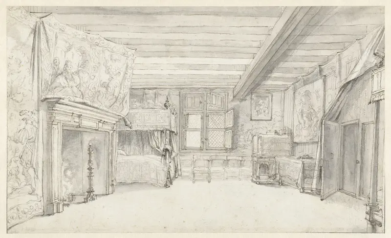 Interieur van een weelderig ingerichte kamer met een hemelbed Wall Art by Adriaen Pietersz van de Venne - High-Resolution Digital Print