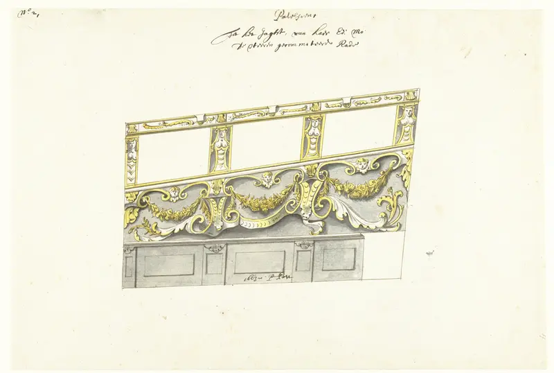 Interieurdecoratie van statenjacht met guirlandes Wall Art by Pieter Jansz. Post - High-Resolution Digital Print