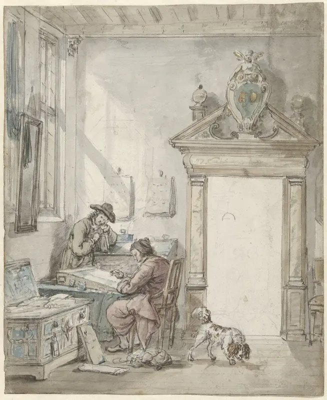 Interieurscène met schrijvende man aan een lessenaar Wall Art by Abraham van Strij (I) - High-Resolution Digital Print