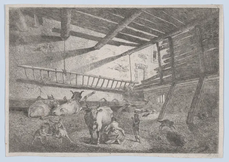 Interior of a Barn with Milkmaid Wall Art by Anonymous, French, 19th century - High-Resolution Digital Print