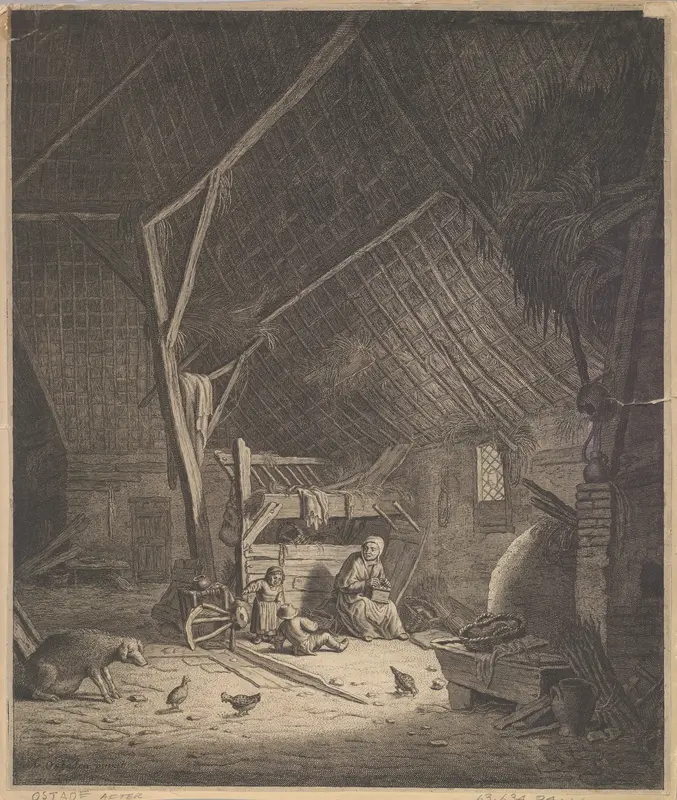 Interior of a Barn with Mother and Two Children, Right in Front a Pig (copy) Wall Art by Adriaen van Ostade - High-Resolution Digital Print