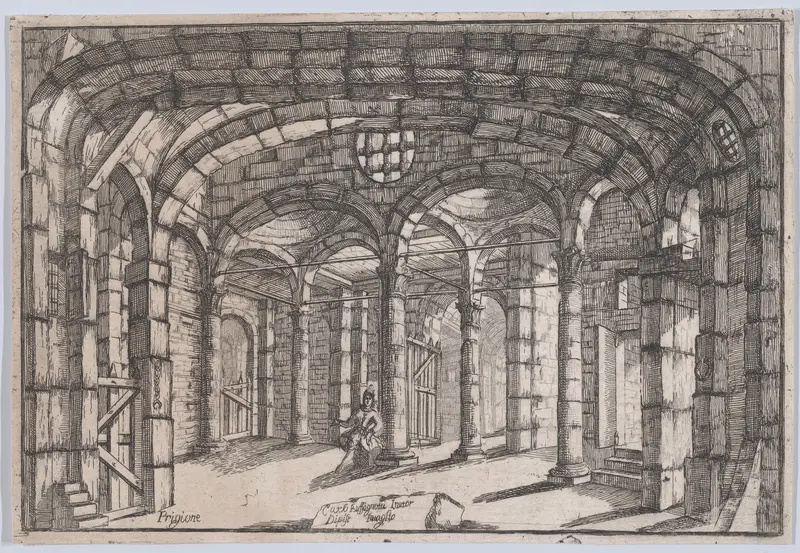 Interior of a prison in which sits a woman (possibly a theatre set) Wall Art by Carlo Antonio Buffagnotti - High-Resolution Digital Print