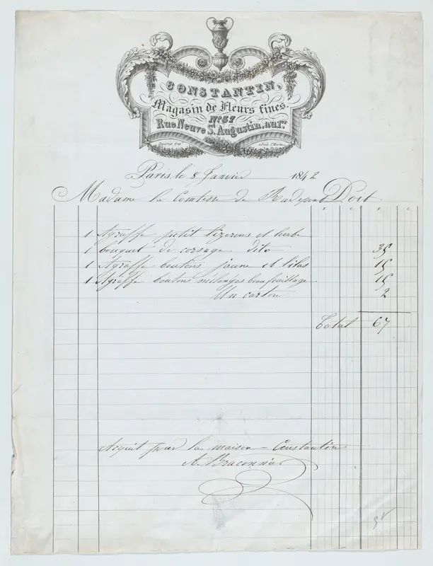 Invoice from Constantin Magasin de Fleurs fines, Paris, for plants and flowers Wall Art by Constantin Magasin des Fleurs fines - High-Resolution Digital Print