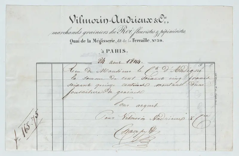 Invoice from Vilmorin-Andrieux et Cie, Paris, for seed supplies to the Count of Andigné Wall Art by Vilmorin Andrieux et Cie - High-Resolution Digital Print
