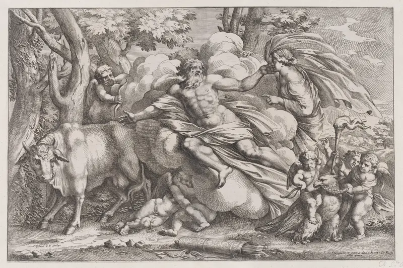 Io at the left as a cow, Jupiter on a cloud in the centre and Juno at the right with putti holding an eagle captive in the lower right Wall Art by Pietro Santi Bartoli - High-Resolution Digital Print