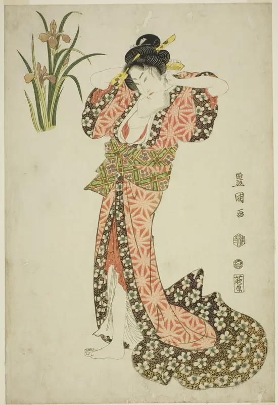 Irises: beauty arranging hair, from an untitled series of beauties and flowers