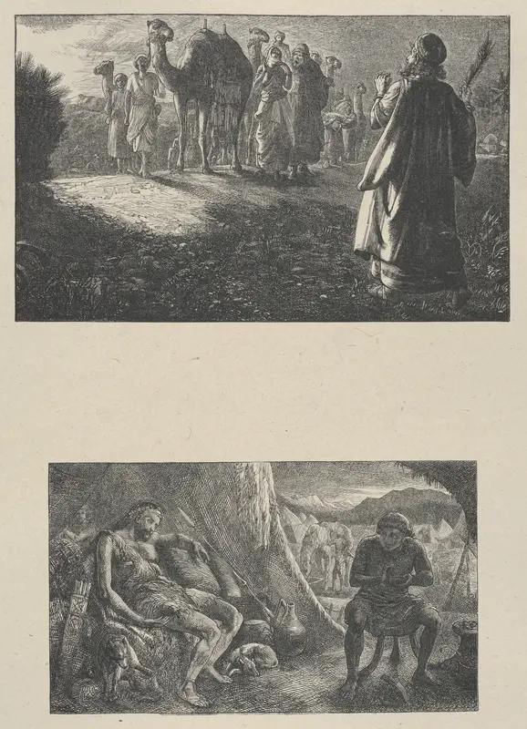 Isaac Meeting Rebekah–Esau Selling His Birthright, from "Dalziels' Bible Gallery" Wall Art by Thomas Dalziel - High-Resolution Digital Print