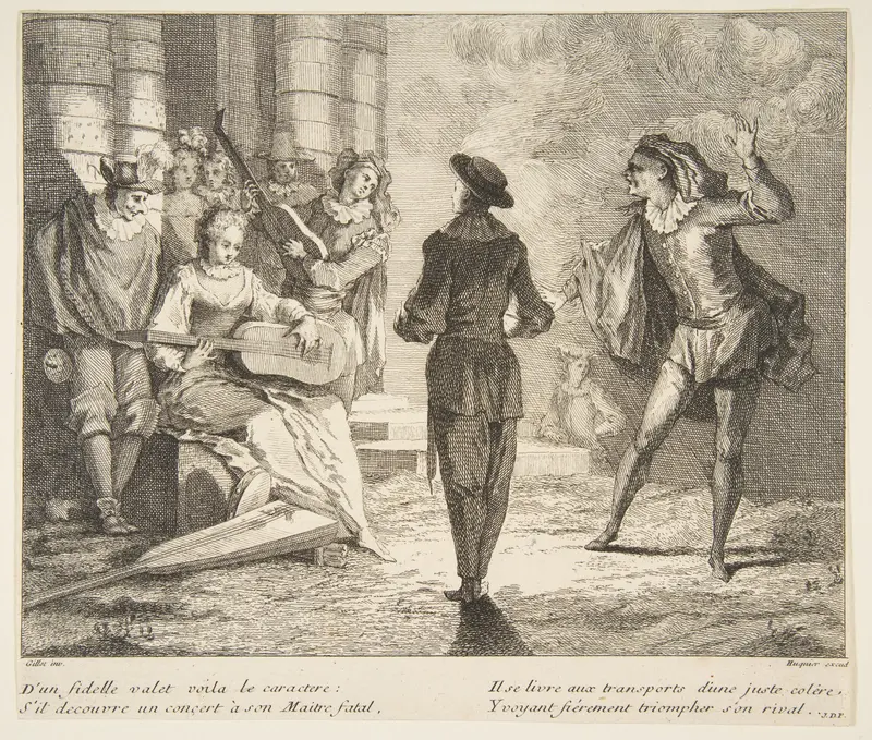 Isabelle Plays Guitar for Pierrot and Scaramouche Wall Art by Claude Gillot - High-Resolution Digital Print