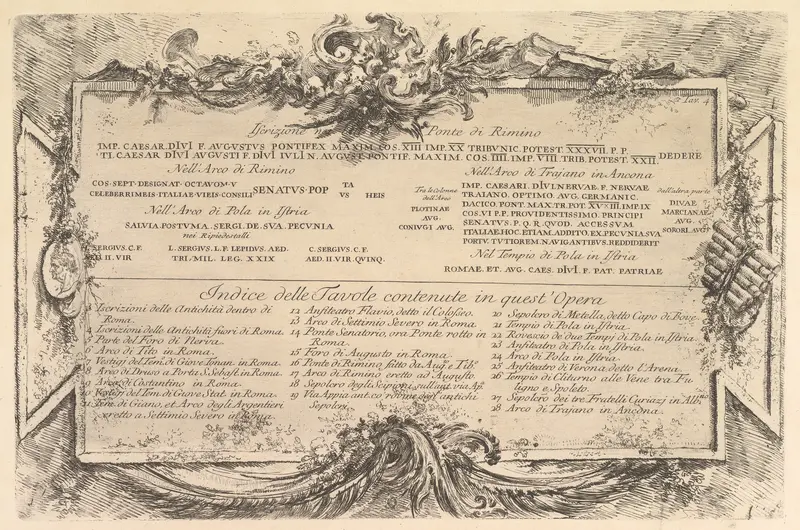 Iscrizione nei lati del Ponte di Rimino (Inscription on the side of the Rimini Bridge) followed by an index of plates in the volume, from "Antichità Romane de' Tempi della Repubblica, e de' primi Imperatori"