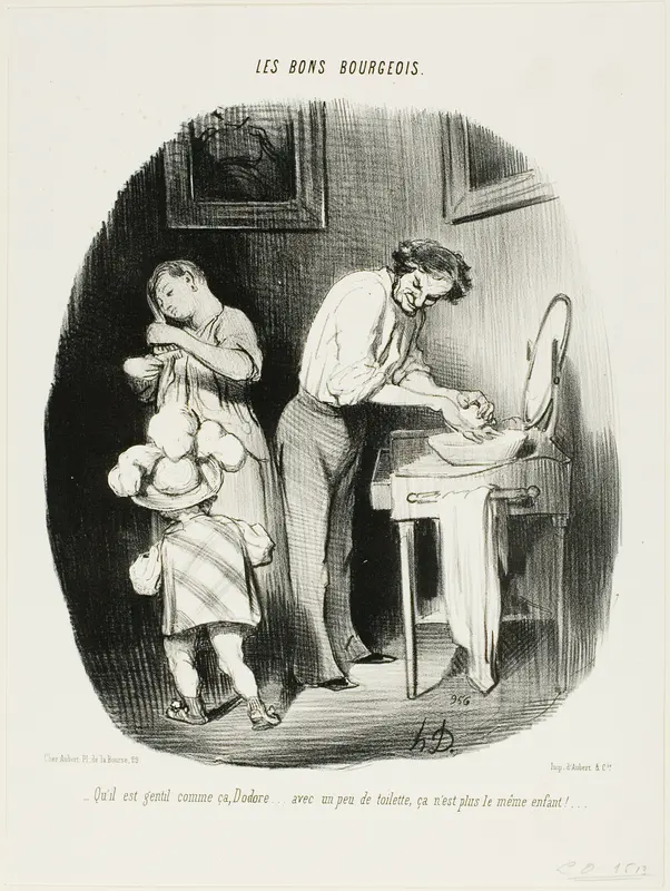 “- Isn't he cute like that, Dodore... with a little bit of cleaning up, he is just not the same child any more!...,” plate 37 from Les Bons Bourgeois