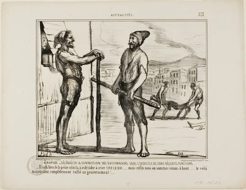 It Naples. - The Commission of Bastonnades During Their Delicate Job. “- It took a while to convince this one to yell: "LONG LIVE THE KING!"... but finally we got to the bottom... and now he is completely in favour of the Government..,” plate 213 fro