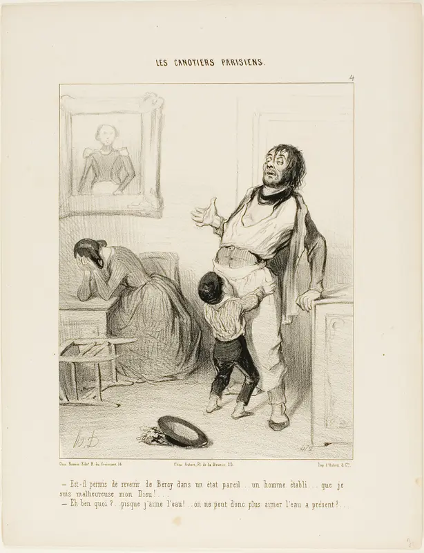 “- It really shouldn't be allowed to return from Bercy in a state like this.... an established man like you.... I am so unhappy, my God! - What's wrong?...after all, I like the water.... am I not allowed to like the water anymore?,” plate 4 from Les 