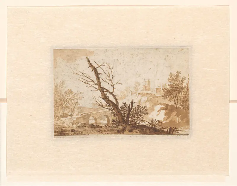Italiaans landschap met boom, een brug en enkele gebouwen Wall Art by Johannes Petrus van Horstok - High-Resolution Digital Print