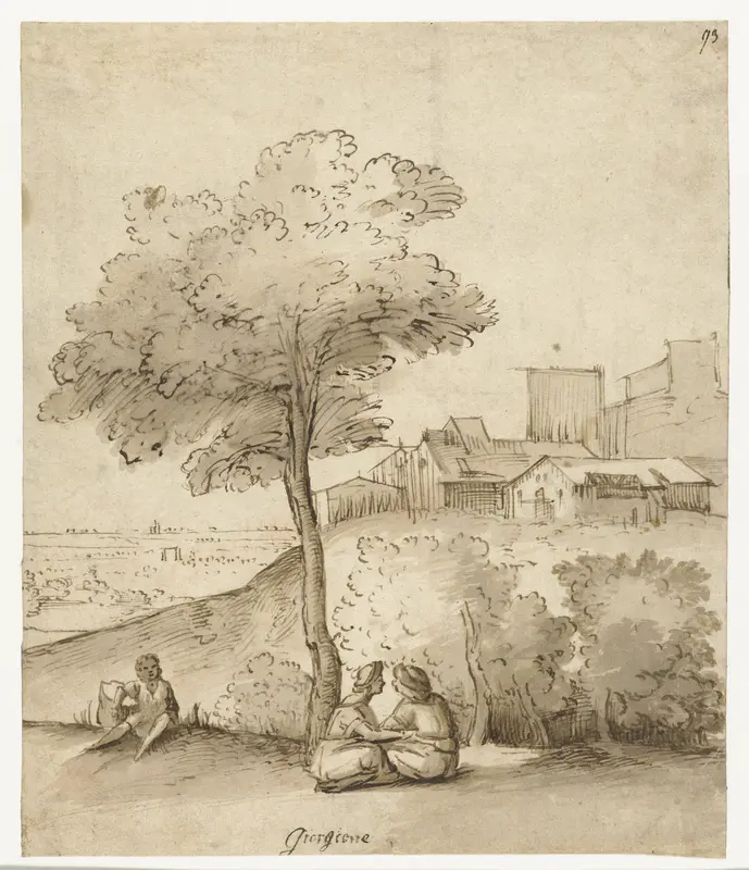 Italiaans landschap met enkele figuren onder een boom Wall Art by anonymous - High-Resolution Digital Print