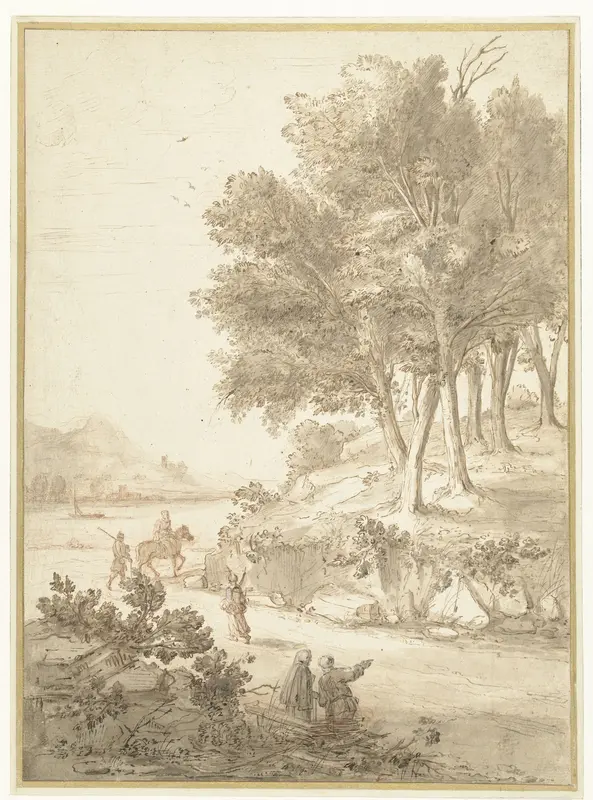 Italiaans landschap met figuren op een weg en een rivier in de achtergrond Wall Art by Caspar van Wittel - High-Resolution Digital Print