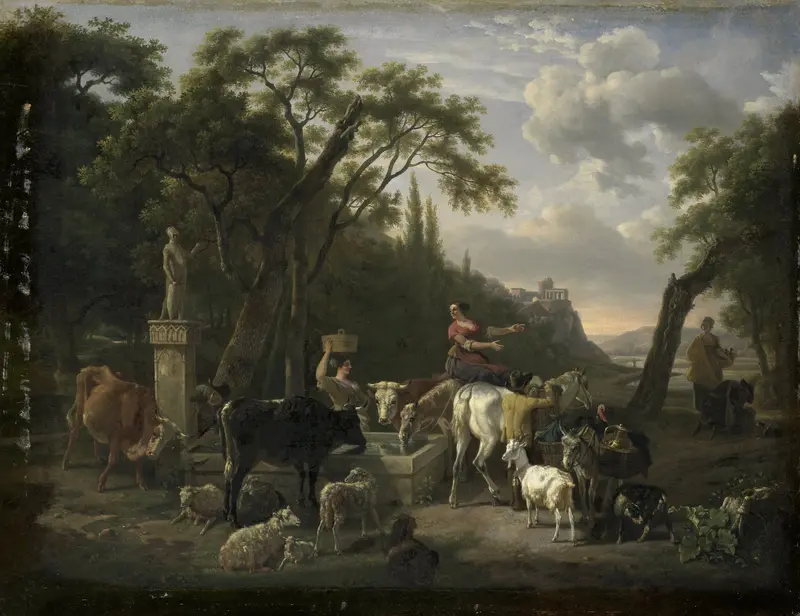 Italiaans landschap met herders en vee bij een drenkplaats Wall Art by Jean Louis Demarne - High-Resolution Digital Print