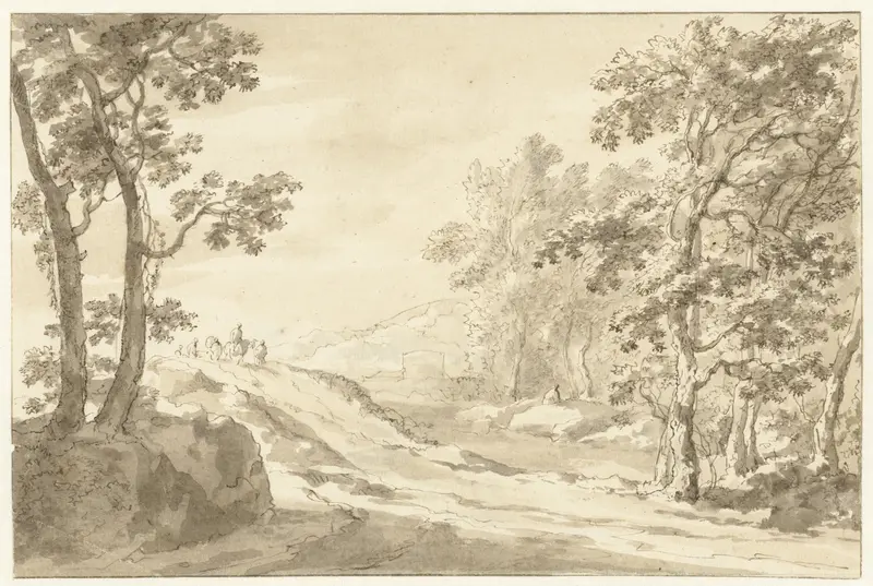 Italiaans landschap met reizigers in de verte Wall Art by Unknown - High-Resolution Digital Print