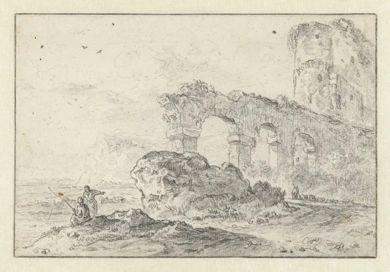 Italiaans landschap met ruïnes en enkele figuren Wall Art by Unknown - High-Resolution Digital Print