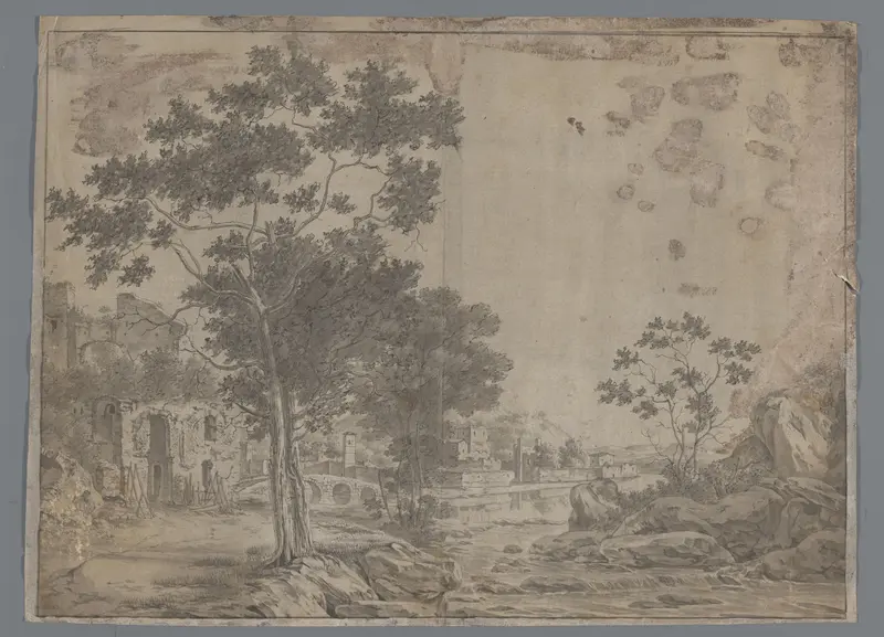Italiaans landschap met stenen brug, stadje en ruïne Wall Art by anonymous - High-Resolution Digital Print