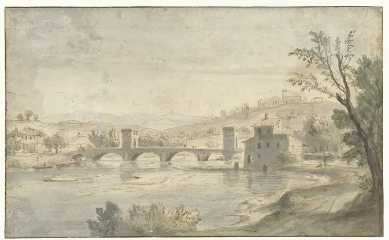 Italiaans rivierlandschap met een brug Wall Art by Caspar van Wittel - High-Resolution Digital Print