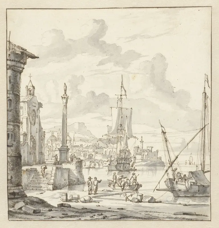 Italiaanse haven met fantasiearchitectuur Wall Art by Abraham Storck - High-Resolution Digital Print