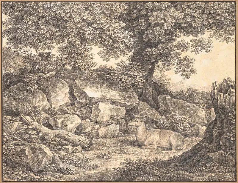 Italian Landscape with Trees, Rocks and a Resting Deer Wall Art by Johann Christian Reinhart - High-Resolution Digital Print