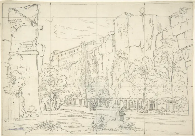 Italian View: A Pathway and Arbor at the Base of Cliffs Wall Art by Friedrich Salathé - High-Resolution Digital Print