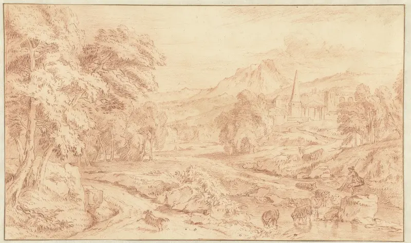 Italianate Landscape with a Shepherd and his Flock by the Water Wall Art by anonymous - High-Resolution Digital Print
