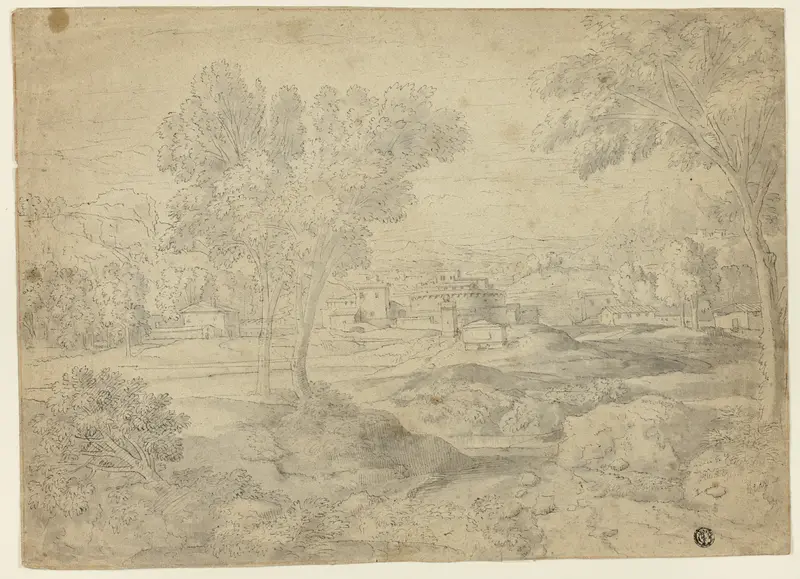 Italianate Landscape with Buildings Wall Art by Follower of Nicolas Poussin - High-Resolution Digital Print