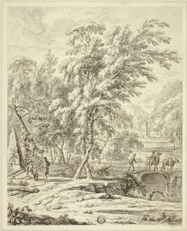 Italianate Landscape with Figures Crossing Bridge Wall Art by Heinrich Meyeringh - High-Resolution Digital Print