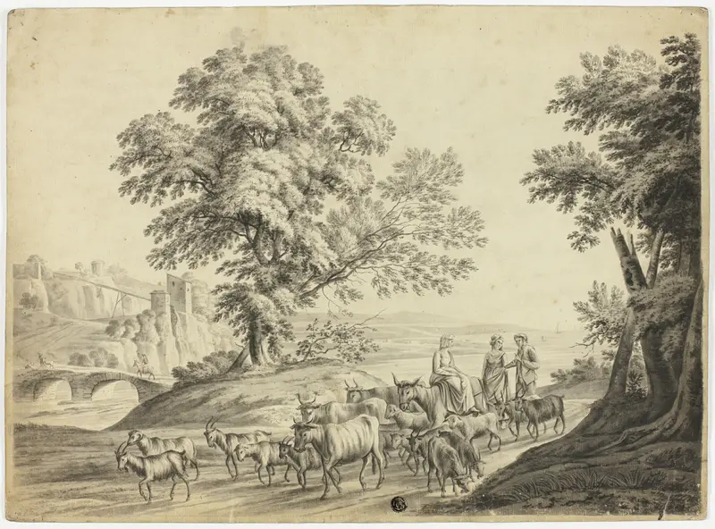 Italianate Landscape with Man and Two Women Herding Cattle, Goats and Sheep Wall Art by Unknown - High-Resolution Digital Print