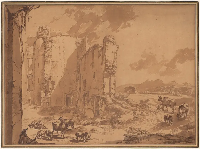 Italianate Landscape with the Ruins of Brederode Castle Wall Art by Nicolaes Berchem - High-Resolution Digital Print