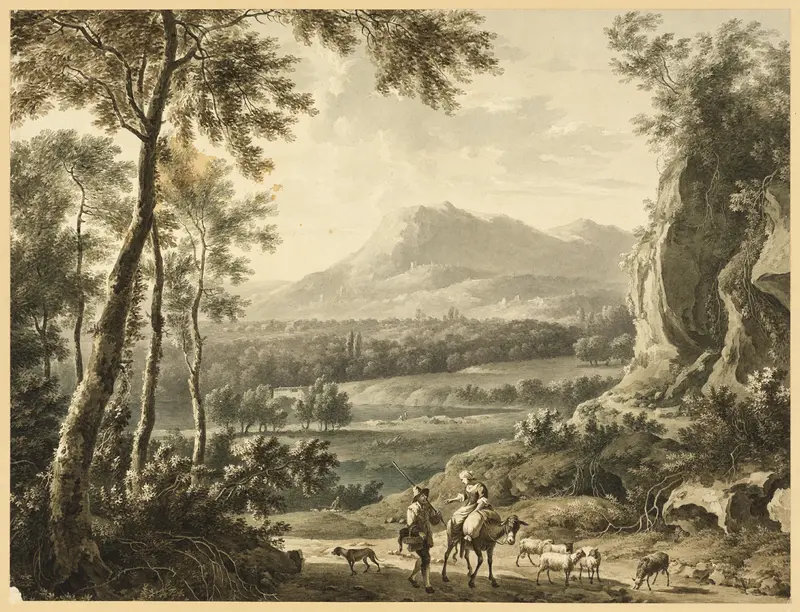 Italianate Landscape with Traveling Peasants in Foreground Wall Art by Frederick de Moucheron - High-Resolution Digital Print