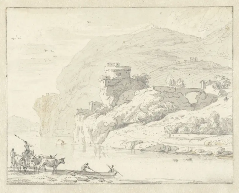 Italianate Mountain Landscape with Herders and Cattle, and Two Figures in a Boat Crossing the River Wall Art by Unknown - High-Resolution Digital Print