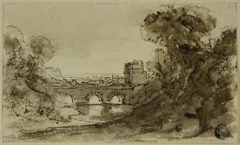 Italianate River Landscape with Bridge with Tower Wall Art by Claude Lorrain - High-Resolution Digital Print