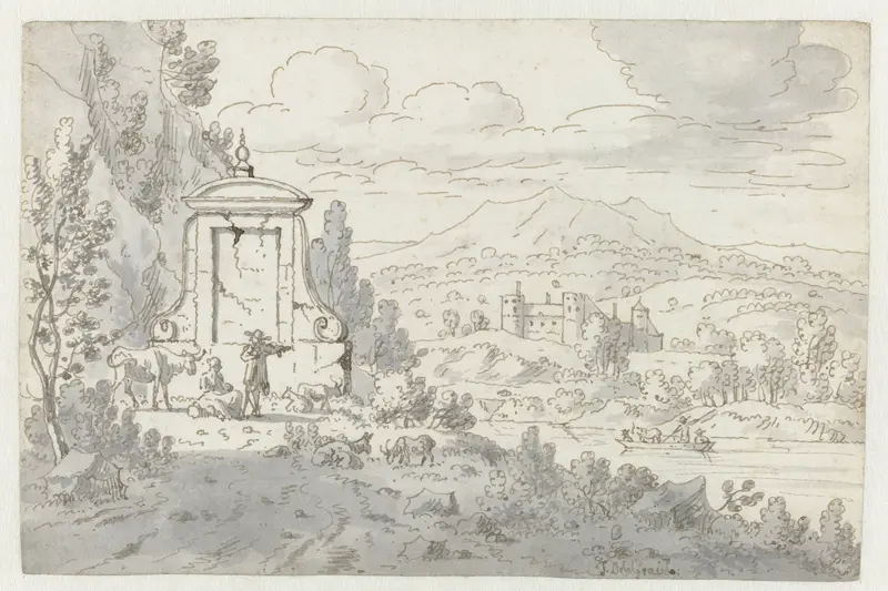 Italianate River Landscape with Musicians, Shepherds and a Monument Wall Art by Josua de Grave - High-Resolution Digital Print