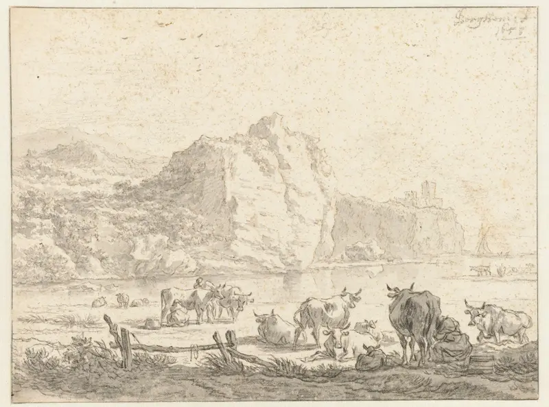Italianiserend berglandschap met herders en een vrouw die een koe melkt Wall Art by Nicolaes Pietersz Berchem - High-Resolution Digital Print