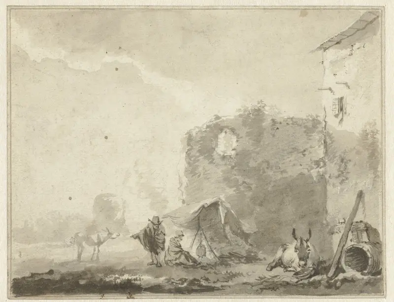 Italianiserend landschap met een ruïne, twee mensen bij een vuurtje en ezeltjes Wall Art by anonymous - High-Resolution Digital Print