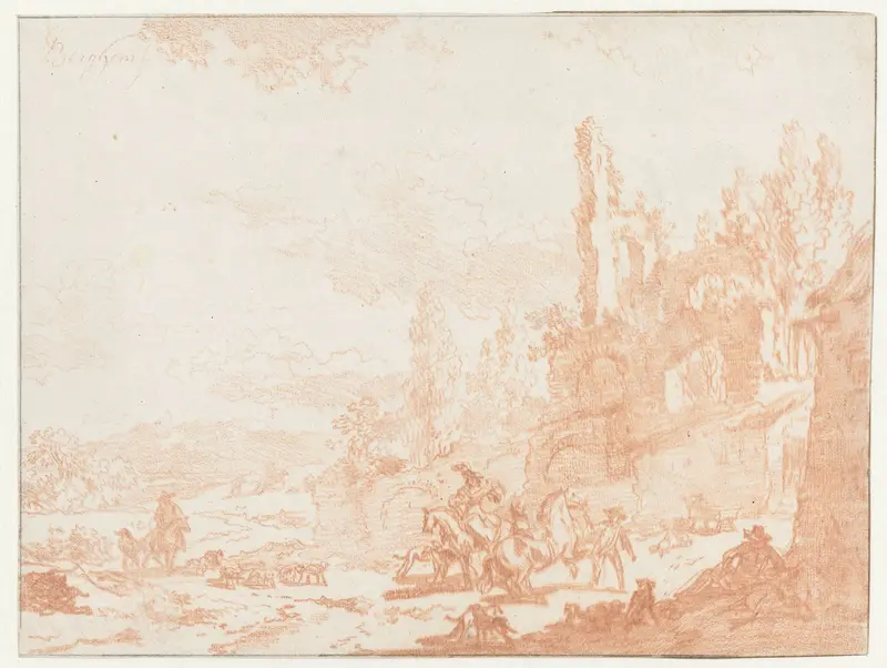 Italianiserend landschap met mannen, paarden en honden Wall Art by Nicolaes Pietersz Berchem - High-Resolution Digital Print