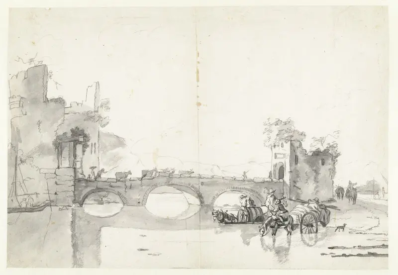 Italianiserend landschap met stenen brug over een rivier Wall Art by Abraham Jansz Begeyn - High-Resolution Digital Print